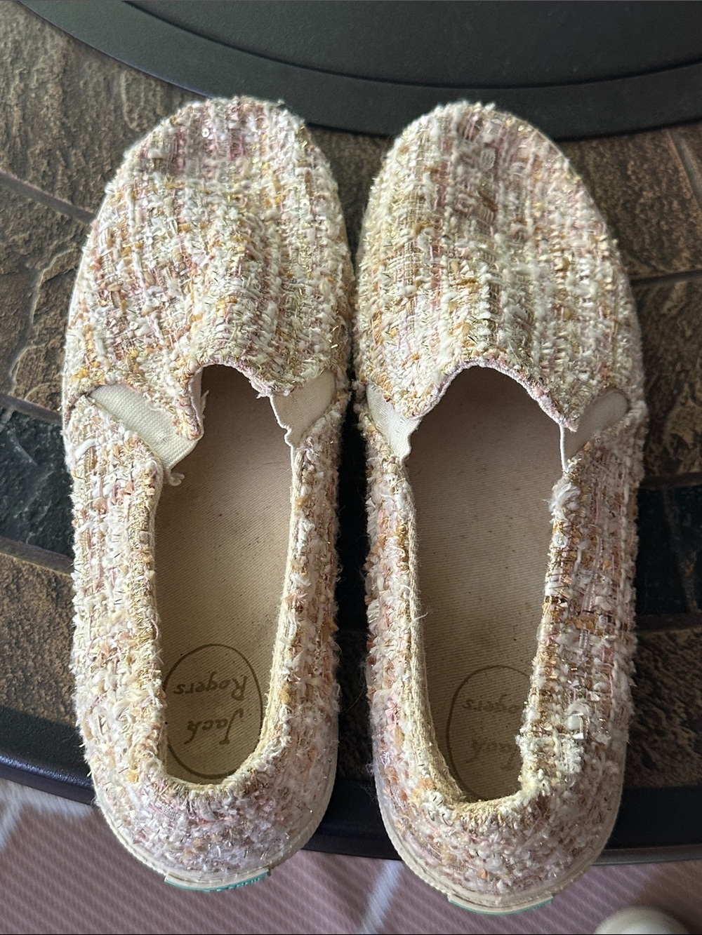 Jack Rogers Tweed Slip-On Flats in Blush and Gold